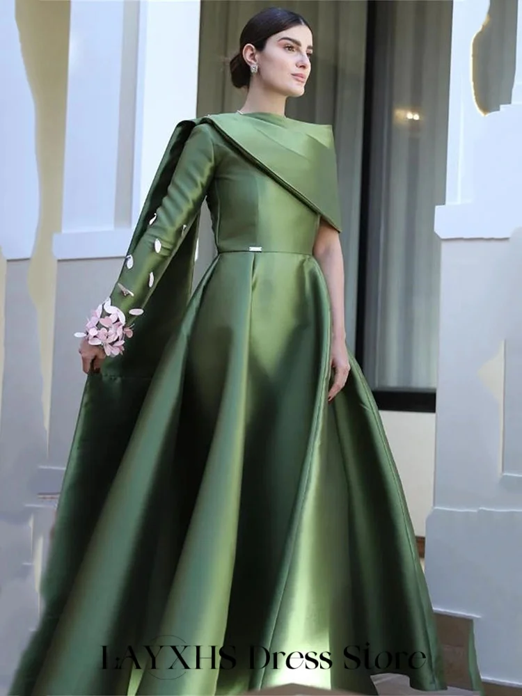 LAYXHS Sukienki Wieczorowe w Temperamentnym Zielonym Kolorze, Jedno Ramię, Długie Rękawy, Aplikacje, Linia A, Plisy, Formalne Sukienki na Bal Maturalny, Szyte na Miarę