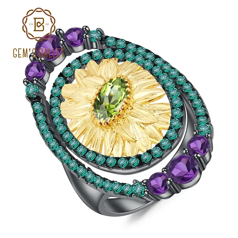 GEM'S BALLET 925 Sterling Silver 0.86Ct Natural Peridot Sunflower Rings Handmade Finger Ring for Women Bijoux Fine Jewelry