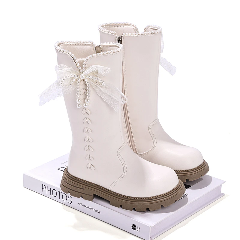 Toddler Girls Knee‑High Princess Boots Pearl Lace Bow Side Zipper Non‑slip Thick Sole Dress Boots For Party Holiday Daily Wear