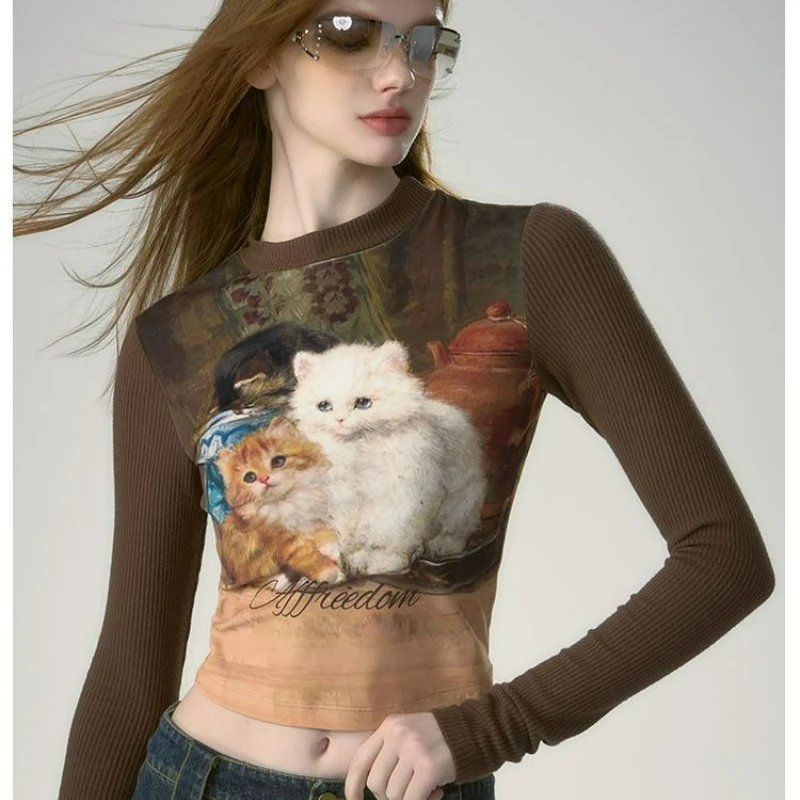 

Pure Desire Hot Girl Футболка с длинными рукавами и принтом кота для женщин, осенний новый стиль, пара утягивающих облегающих коротких базовых слоев