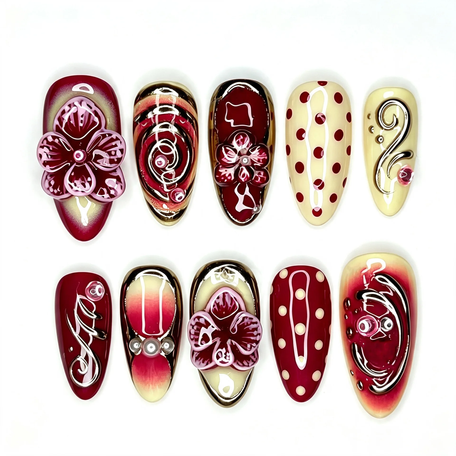 24Pcs Gradient Flower False Nail Sets with Gilded Effect Lines Full Almond Nails Sets Press on Beauty Polka Dot Blush Fake Nails