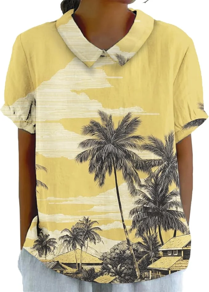 

Blouses for Women Dressy Casual Lapel Collar Shirts Unique Print Tee Casual Short Sleeve Boho Tops