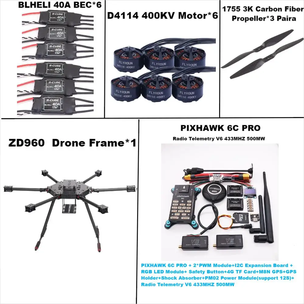 ชุดควบคุมการบิน RCtoSky ZD960 PIXHAWK 6C PRO M8N โครงสร้างคาร์บอนไฟเบอร์แบบเต็มตัว Hexa-Rotor พร้อม ESC BLHELI 40A ระบบควบคุมการบิน และชุด Telemetry Rado