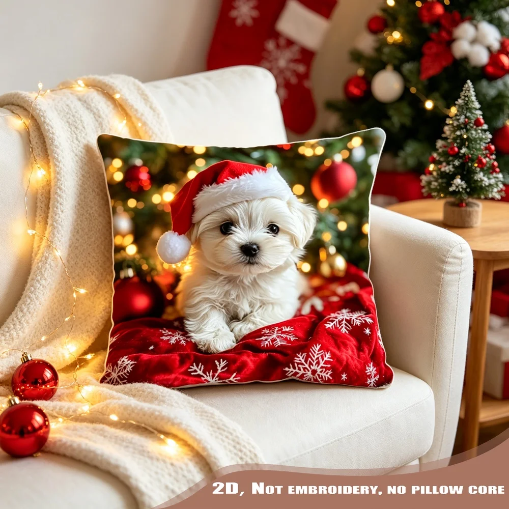 1PC Christmas Maltese Dog Pillow CoverPolyester Cushion Case for Sofa Couch Living Room Bedroom Home Decor