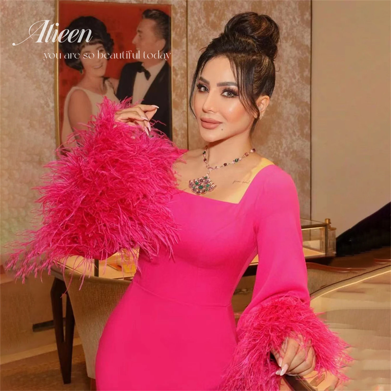 Aileen-vestido de fiesta elegante para mujer, vestidos de plumas rosas, vestidos largos de Gala con cuello tipo Polo, Vestidos de Noche de lujo con