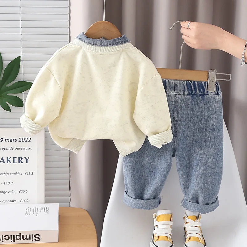 Toddler Spring Clothes Kids Fashion Outfits 2026 New Baby Boys Fake Denim Collar Drip Print Sweatshirt and Jeans Children's Suit