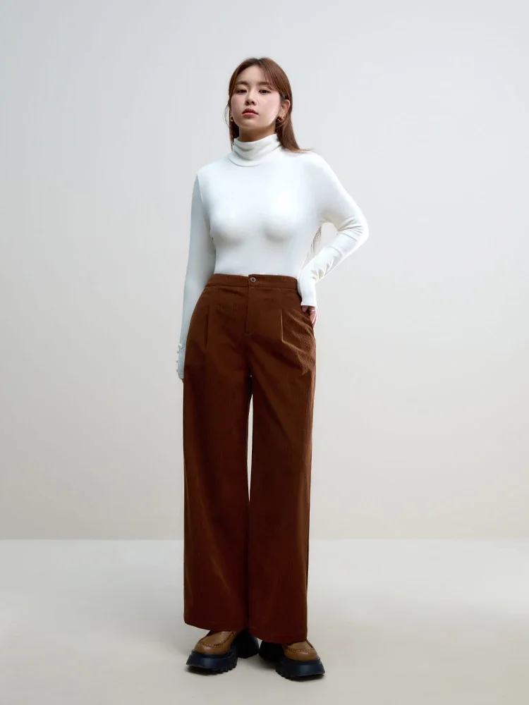 DUSHU Casual Style Corduroy Slim High Waist Loose Straight Pants for Women Winter New Wide Leg Pant All-match Trousers Female