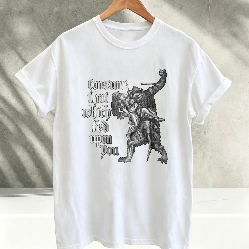 Consume That Which Fed Upon You Dark Gothic Figure Graphic T-Shirt Vintage Medieval Quote Print Casual Cotton Streetwear Tee Top