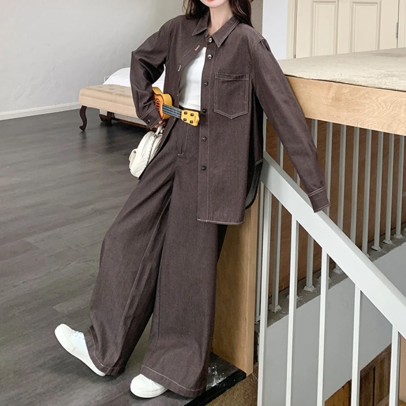 

Coffee Casual Denim Suit Female Sweet Coat 2025 Spring High Waist Wide-leg Pants Two-piece Suit