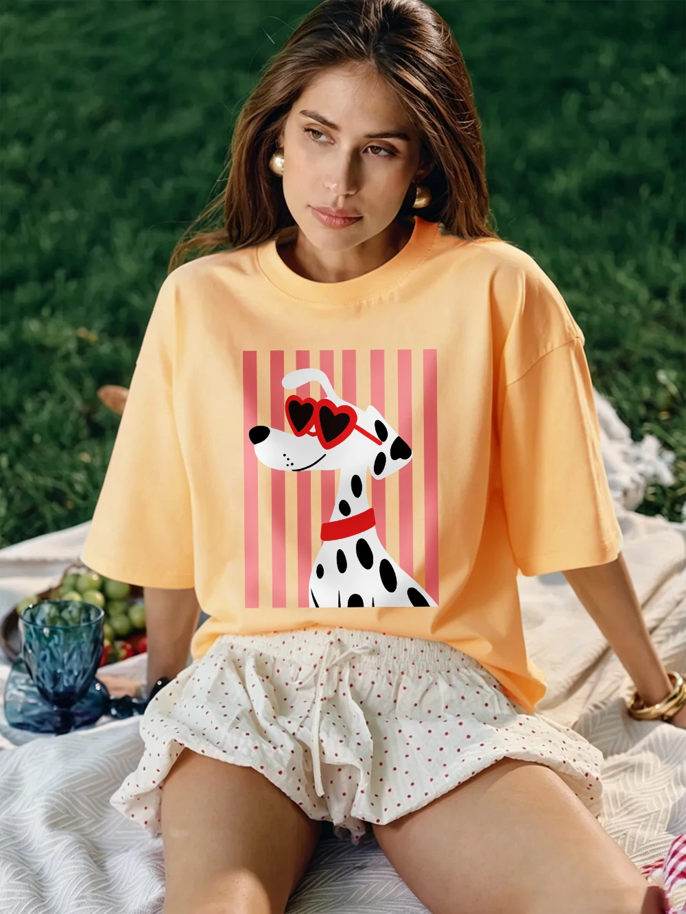 Herzförmige Sonnenbrillen Dalmatiner-Hundemotiv T-Shirts Damen Baumwolle Sommer Übergroße Oberteile O-Ausschnitt Kurzarm-T-Shirts Weiche Streetwear – Detail 19