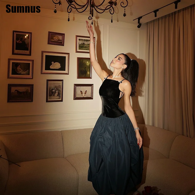 Sumnus elegante a linha vestido de baile veludo preto cinta espaguete midi formal vestido de noite gala robes de soirée personalizado