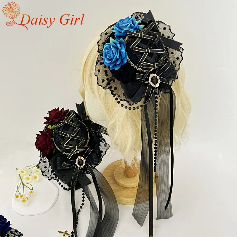 

Новый ретро темно-розовый цилиндр принцесса Лолита кружевной стример головной убор с жемчужным бантом аксессуары для вечеринки на Хэллоуин