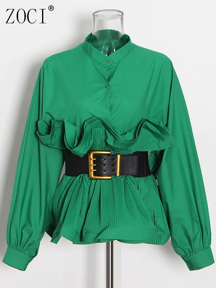 

ZOCI Women's Blouse Solid Color Ruffle Single Breasted Buckle Belt Female Shirt Stand Collar Long Sleeve Shirts Spring 2025 New