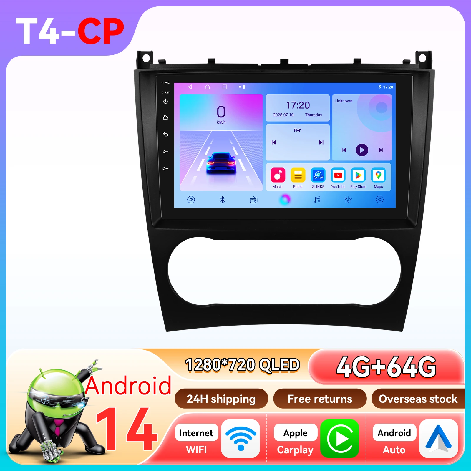 Hizpo 9 "Android 14 Autoradio Voor Mercedes Benz CLC W203 C-Klasse C180 C200 CLK200 CLK W209 Carplay 4G BT GPS Door Snapdragon 6115