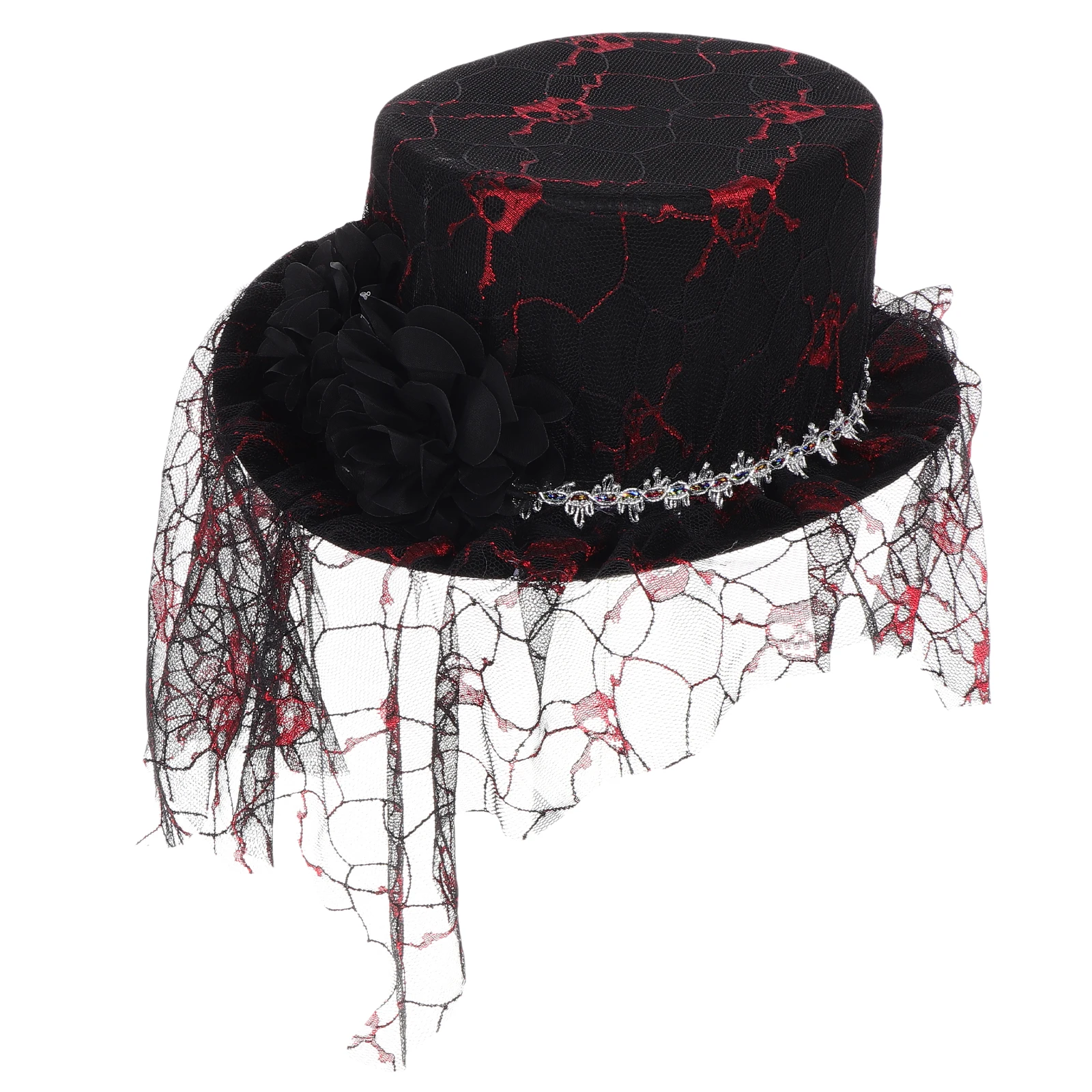 

Hat Stylish Acrylic Great Detail Festive Practical Halloween Decorations Top Hat Skull Mesh Veil Stage Props Party
