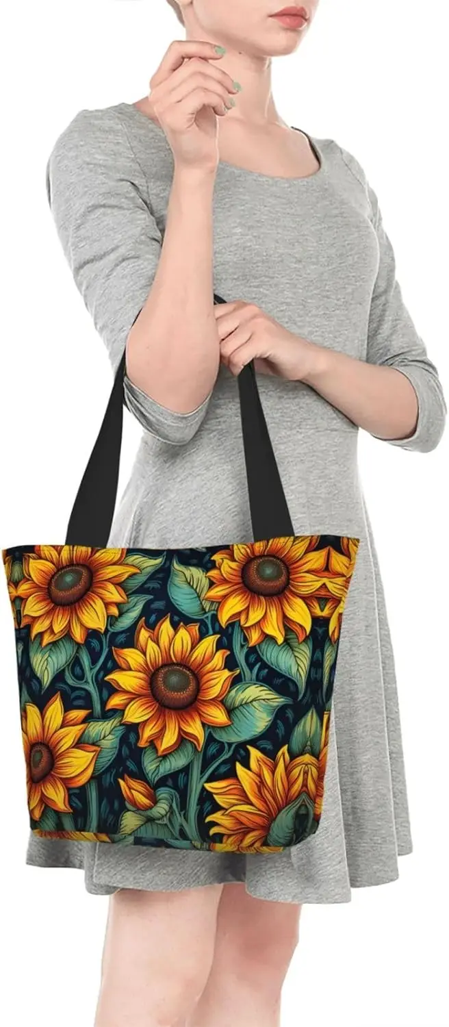 Sacola floral com zíper para mulheres, bolsa de ombro de pano anti-água, bolso de malha, resistente, casual, retrô, girassóis, primavera