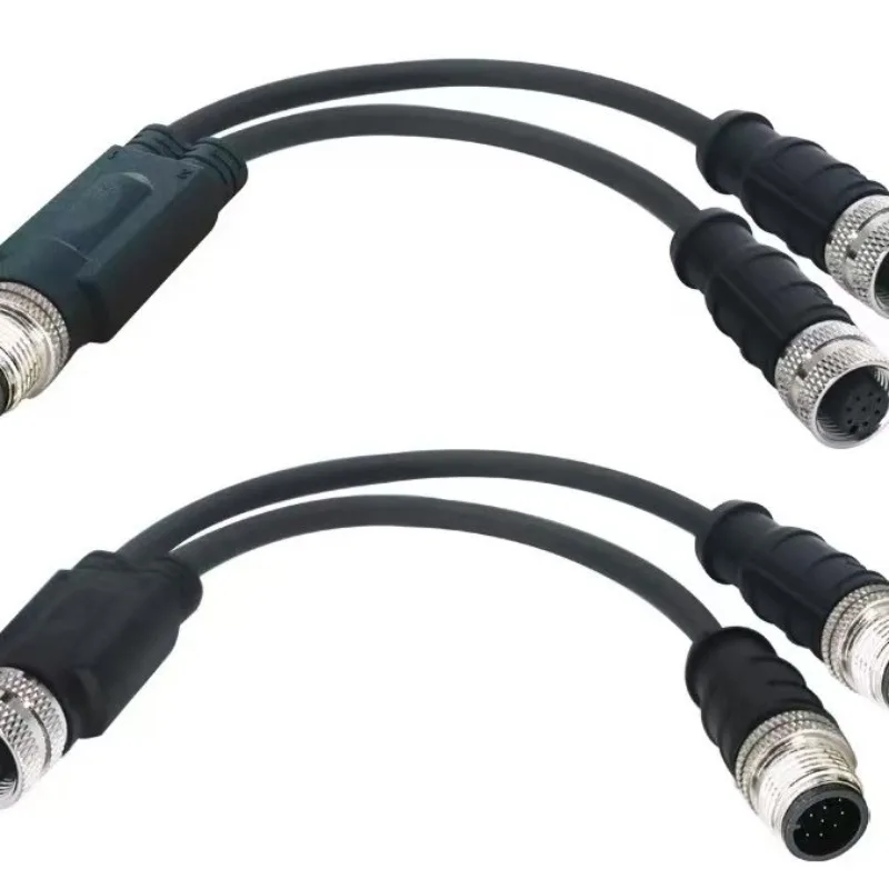 M12 to M12 aviation connector with wire split to two parts, 4-core, 5-hole, 8-pin, three-way, waterproof (IP67)