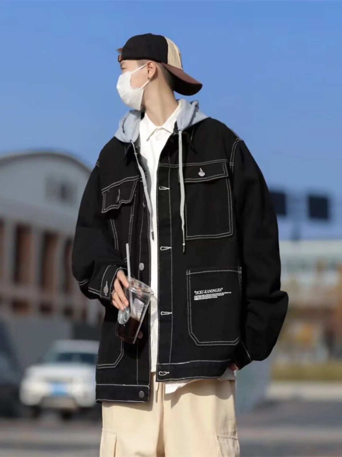 

Loose Men's Denim Jaet Spring Autumn Casual Sle Hooded CoatLazy Faion Trendy Brand Stand Fit Zipper Decoration Ant W...