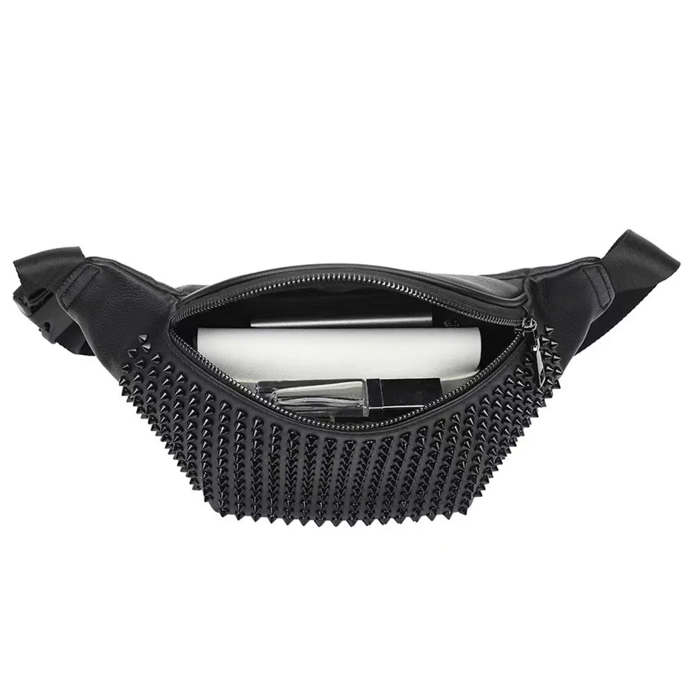 2024 Guangzhou High Quality Y2K Black PU Leather Fanny Waist Chest Purse Handbag With Rivet