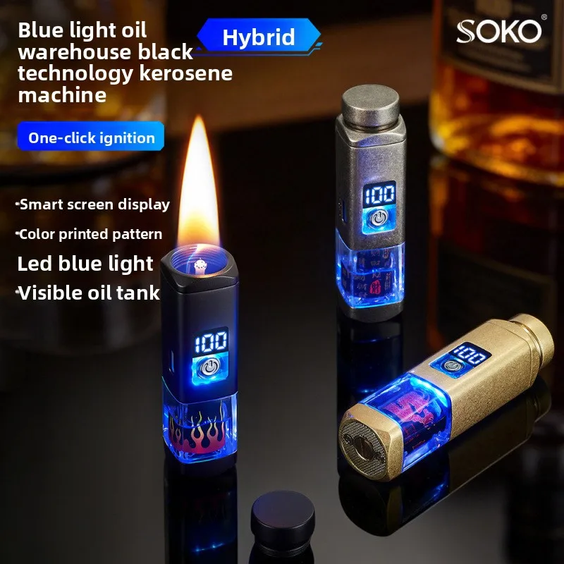 Metal Digital Display Creative Intelligent Lighter Oil Electric Hybrid Fire Button Ignition Visual Window Windproof Lighter Gift