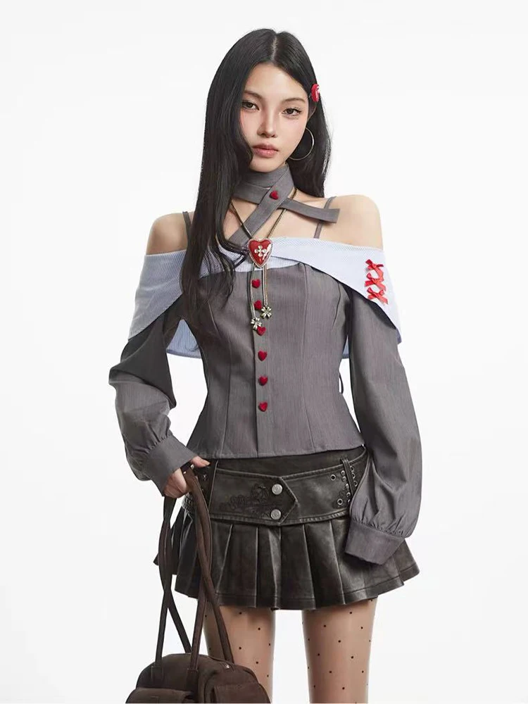 

Sexy Slash Neck Crop Shirts for Women Y2K Streetwear Patchwork Bow Slim Blouse Autumn American Single Breasted Long Sleeve Tops