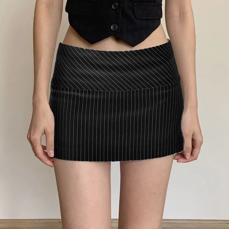 American Basic Striped Midi Skirt for Women Low Waist Slim Fit Street Spicy Girl Color Blocking Hip Hugging Short Skirt