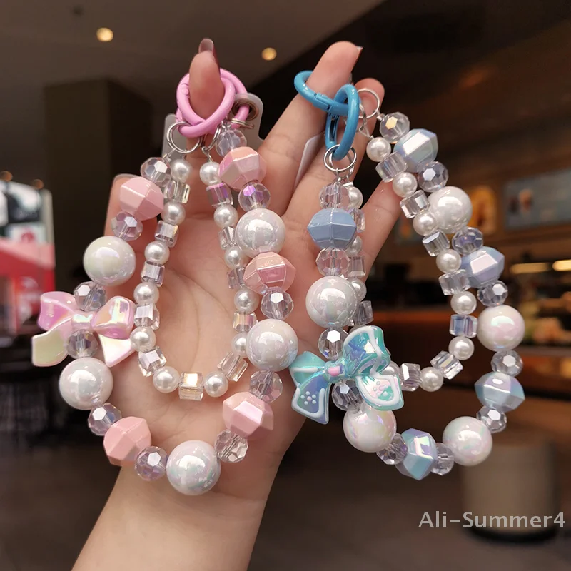 

Mobile Phone Lanyard Short Style Wrist Strap Bow Knot Handmade Beaded Bracelet Pendant Lanyard Anti-Lost Wide Wrist Strap