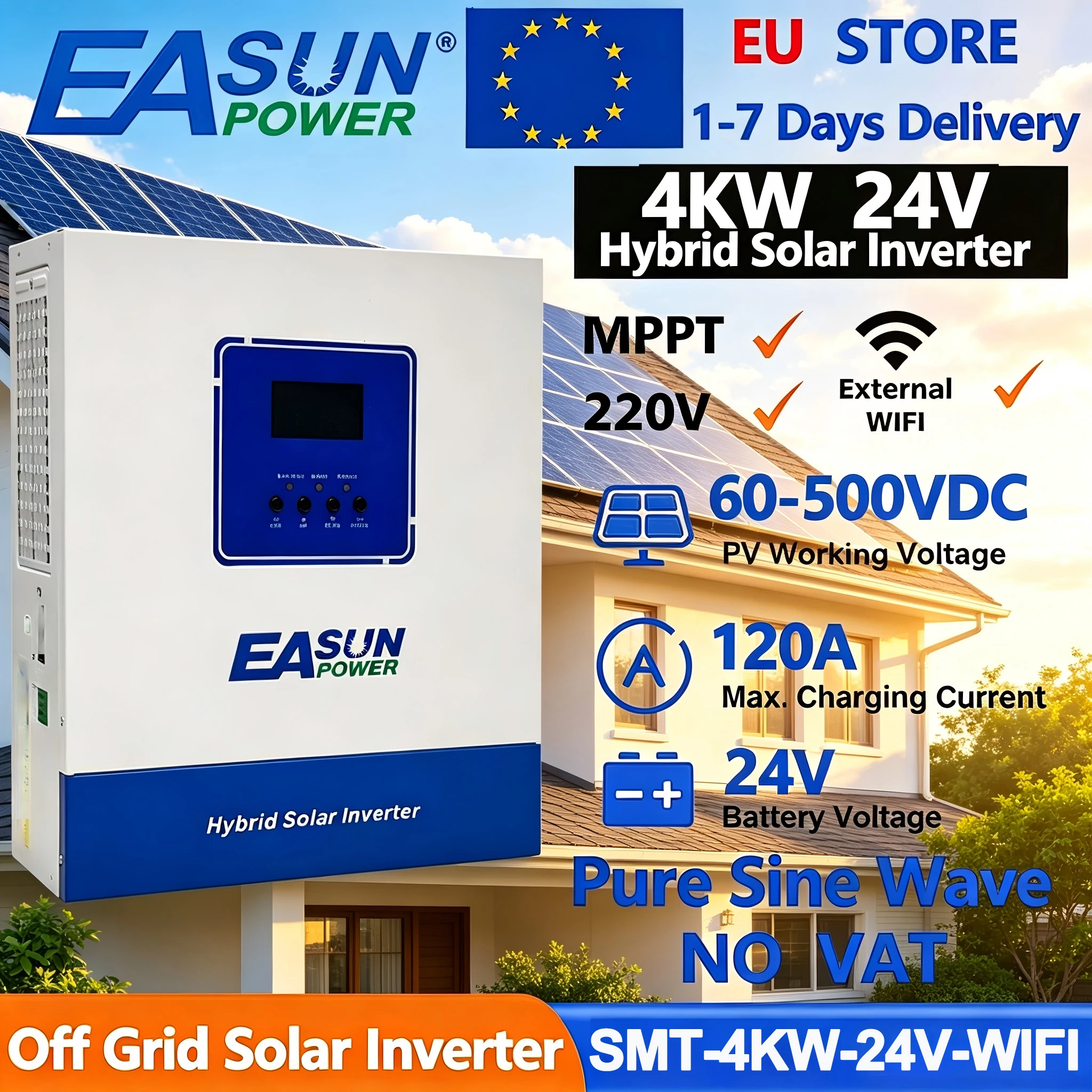 EASUN POWER 4KW Hybride Solar Inverter 24V 220V Zuivere Sinusgolf 120A MPPT Lader Batterij 50/60HZ Inverter Met Wi-Fi EU VOORRAAD