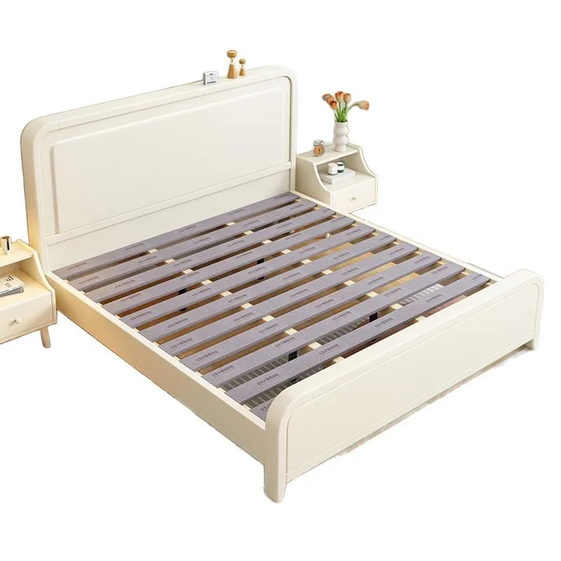 

Italian cream wind solid wood bed, double bedroom light luxury bed