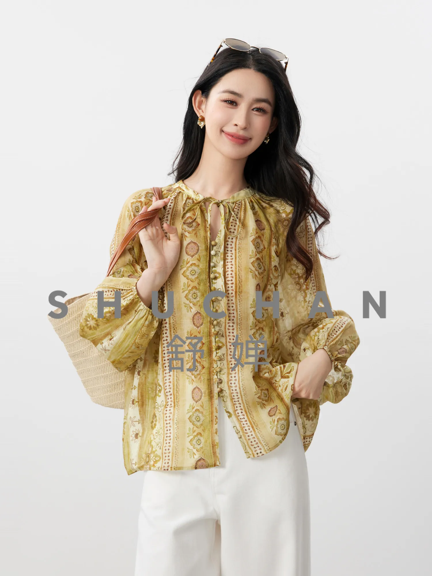 

Тонкая женская блузка [Golden Afterglow] с восточным цветочным принтом, праздничная, с завязками, с небольшим V-образным вырезом, из рами