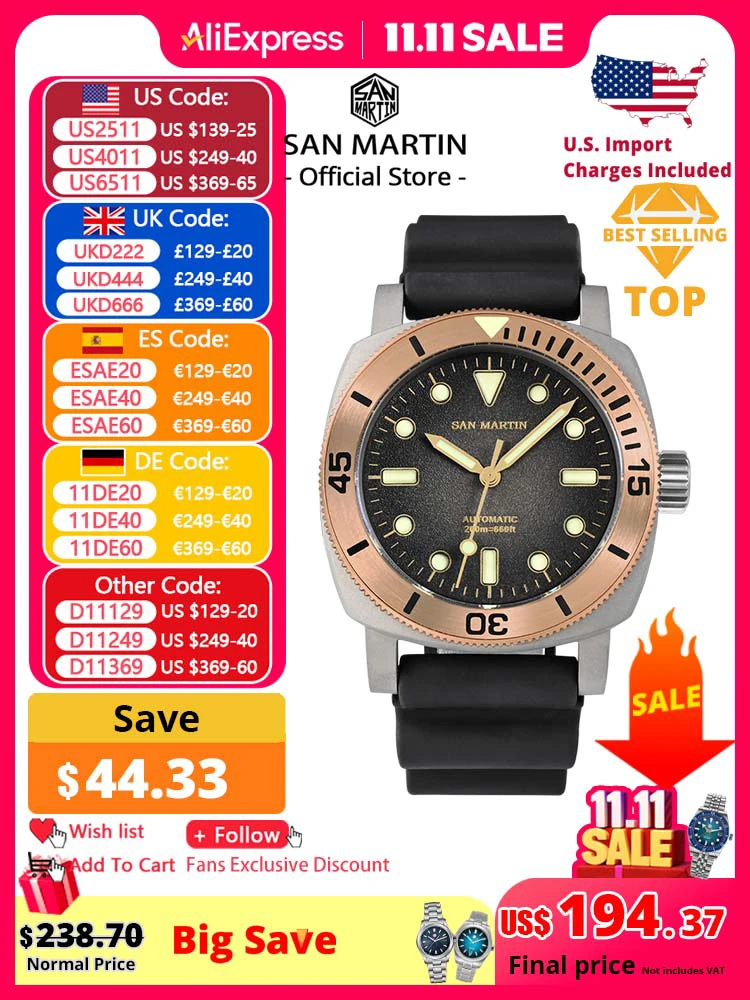 

San Martin 42 мм ретро титановые дайверские часы NH35 автоматические мужские механические часы бронзовый безель сапфировый светящийся водонепроницаемый 200 м