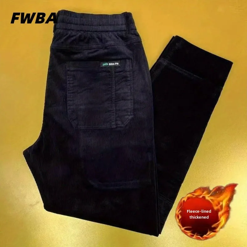 Pantalones informales de alta calidad para hombre, pantalón de pana con seis bolsillos y cintura elástica, nuevo estilo, pantalones cepillados de terciopelo, otoño e invierno, 2024