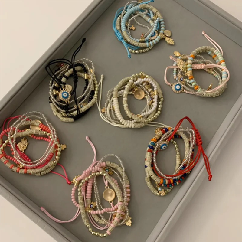 Ensemble de bracelets de perles élastiques multicouches pour femmes, bracelet fait main, bijoux vintage, bohème, mauvais œil, cadeau