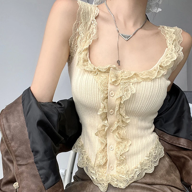 Camisetas sin mangas para mujer y niña, Tops elegantes con costuras de encaje Simple que combinan con todo, camisetas sin mangas cortas ajustadas informales dulces a la moda