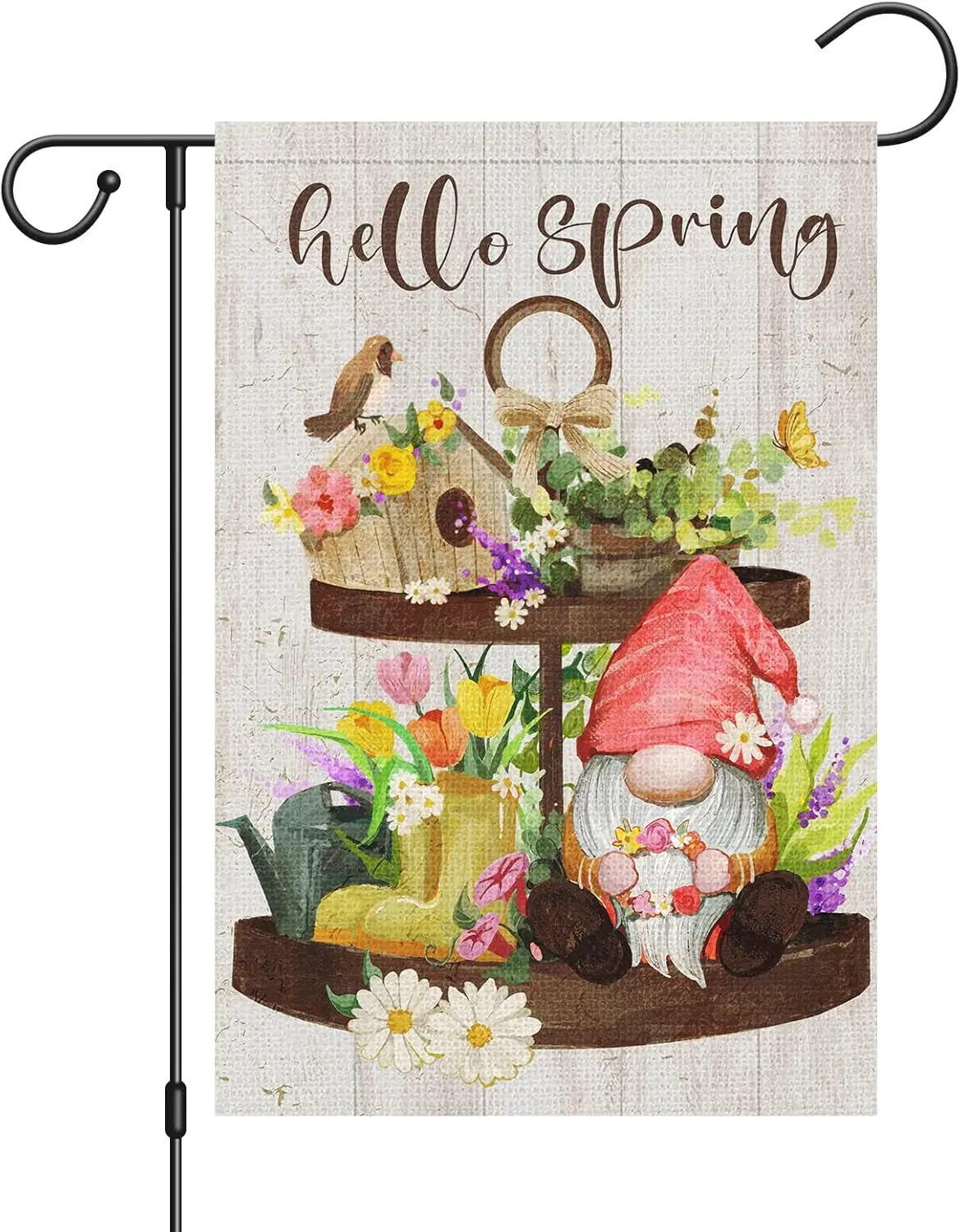 Hello Spring Gnome Garden Flag 12x18 Double Sided, Burlap Small Spring Tiered Tray Floral Bird House Garden Yard Flags Outsi yyi