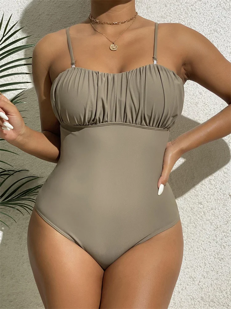 

One Piece Women Swimsuit 2025 New Solid Ruched Bandeau Swimwear Sexy Bodysuit Monokini Summer Beach Wear Bathing Suit For Female