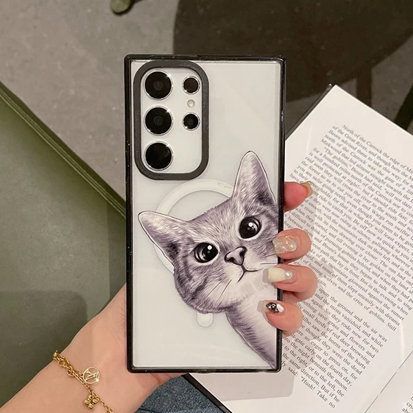 Black Cat MagSafe Acrylic Black Border Case for Samsung Galaxy S22 S23 S24 Ultra S23+ S24 Plus Protective Shell