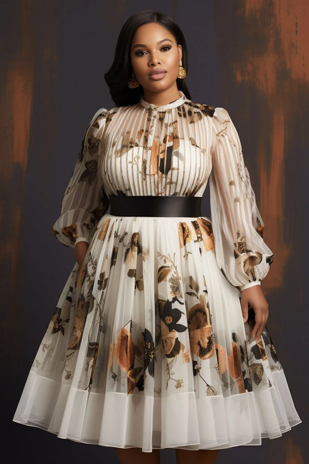 Plus Size Daily White Floral Round Neck Long Sleeve See Through Chiffon Midi Dresses