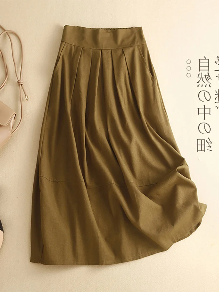 الرجعية عارضة الكتان f تنورة عالية الخصر ألف خط ميدي تنورة خمر Sle عالية الخصر تصميم للنساء موسم الصيف لون نقي #3