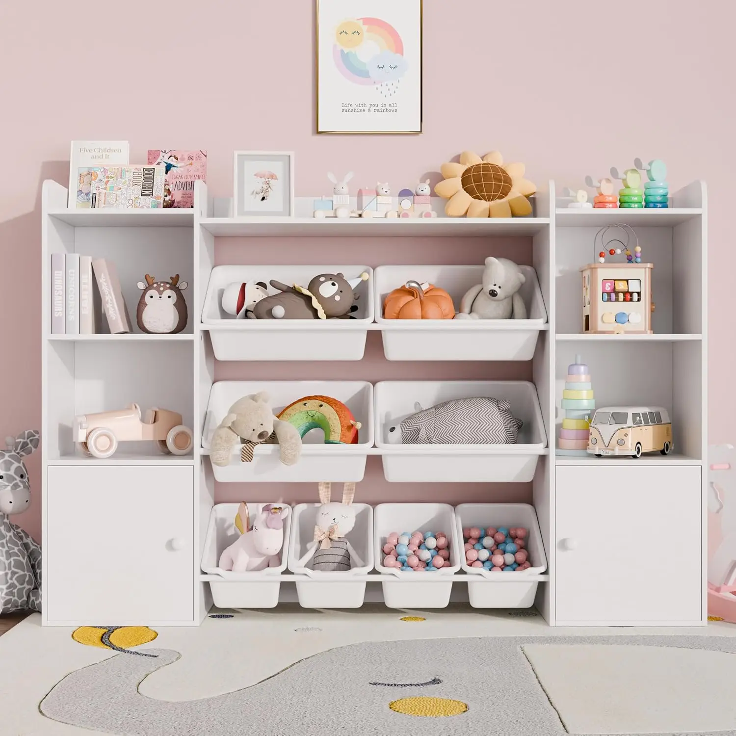 Organizador de armazenamento de brinquedos infantis com 8 caixas de brinquedos removíveis, organizadores de 4 camadas com 6 cubículos de armazenamento, estante infantil e armazenamento