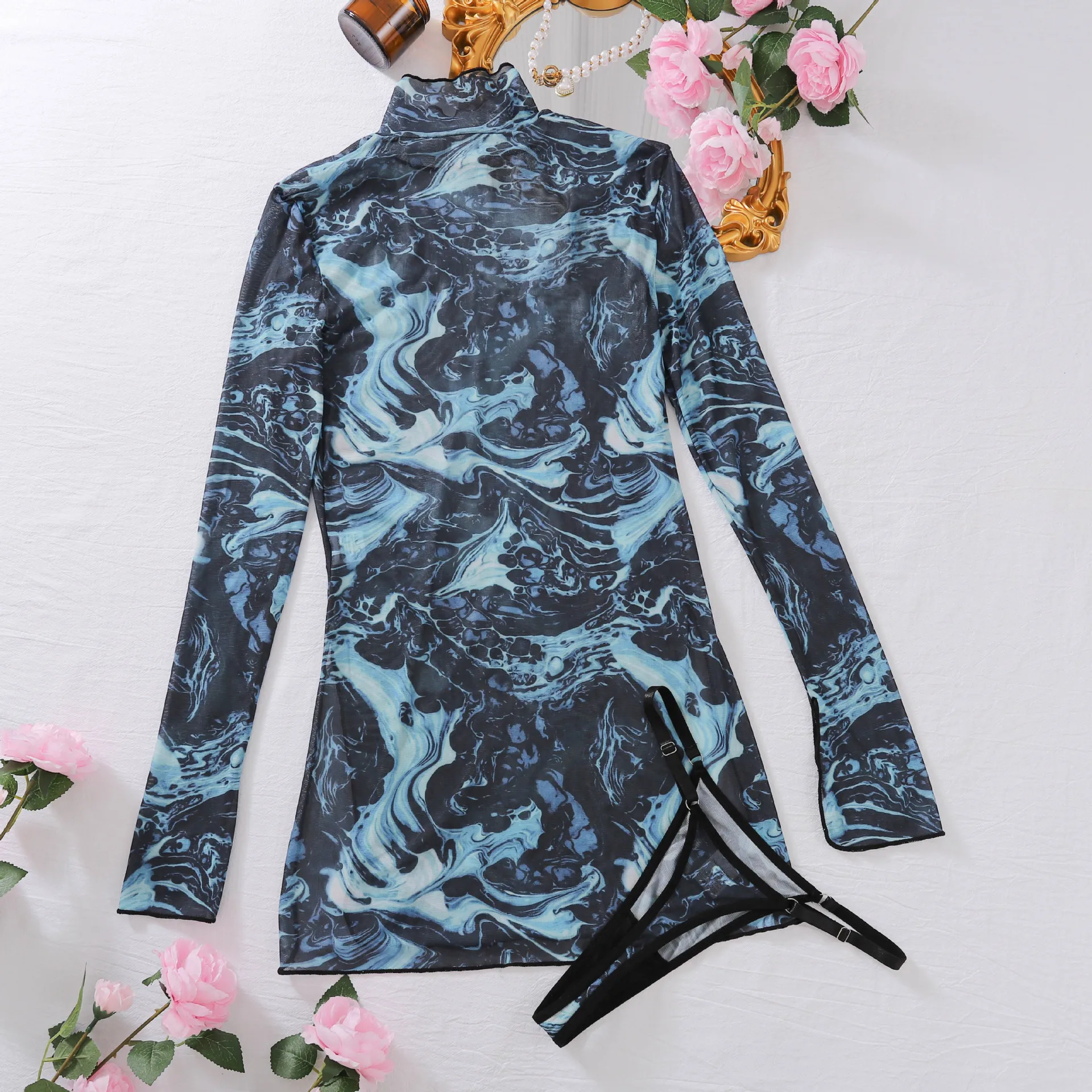 

CHUANGERM Adults Women Sexy Outfits High Neck Long Sleeve Tie Dye Mesh Side Slit