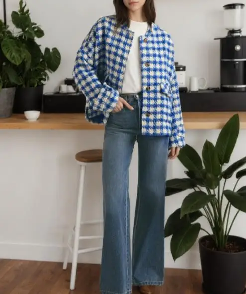 

Зимняя классическая клетчатая куртка на пуговицах спереди для женщин, модная и повседневная простая куртка с длинными рукавами