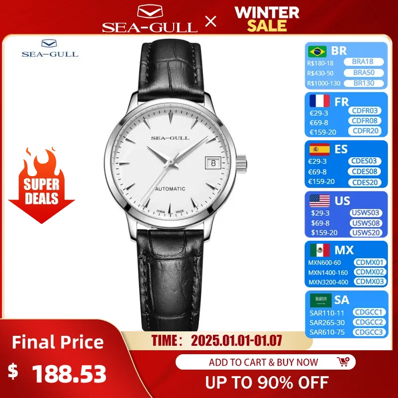 New Seagull Automatic Mechanical Wristwatch for Ladies Waterproof Leather Strap Buckle Casual Business Watch  6042L