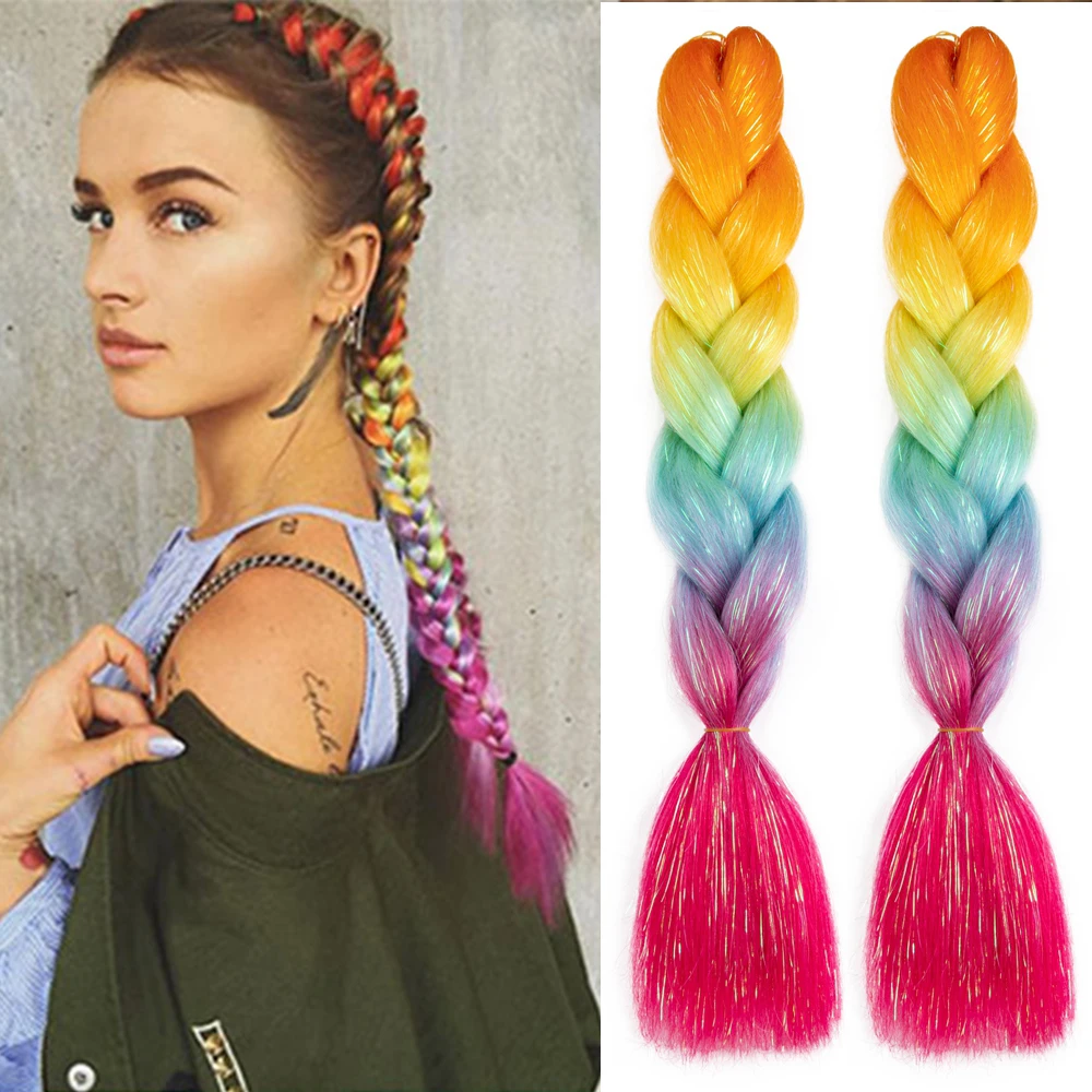 Extensiones de trenzas Jumbo sintéticas con purpurina para mujer, cabello trenzado de color arcoíris brillante, 24 pulgadas, peinado DIY, venta al por mayor