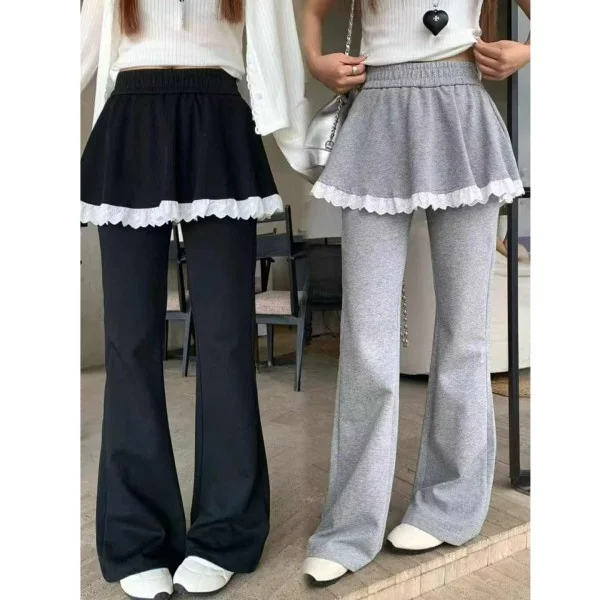 Casual Pants Women's Short Lace Trimmed Half Skirt Splicing Micro Flared Sports Pants plus Size Slimming Fake Two-Piece