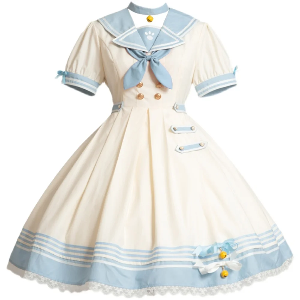 Lieve Coole Meisjes Zomer Aan Zee Zeeman Lolita Jurk Kawaii Vrouw Metalen Knoop Pofmouw Navy Jk Uniform Cosplay Lolita Op