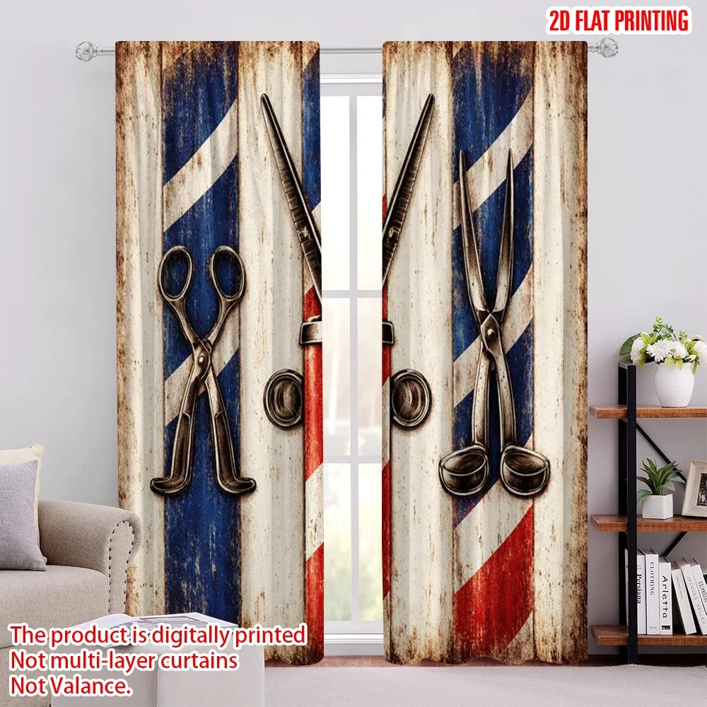 2D flat printing 2pcs Curtain Scene Curtains Barber Scissors Vintage Design Digital Printed Polyester Drapes Seasonal Party &