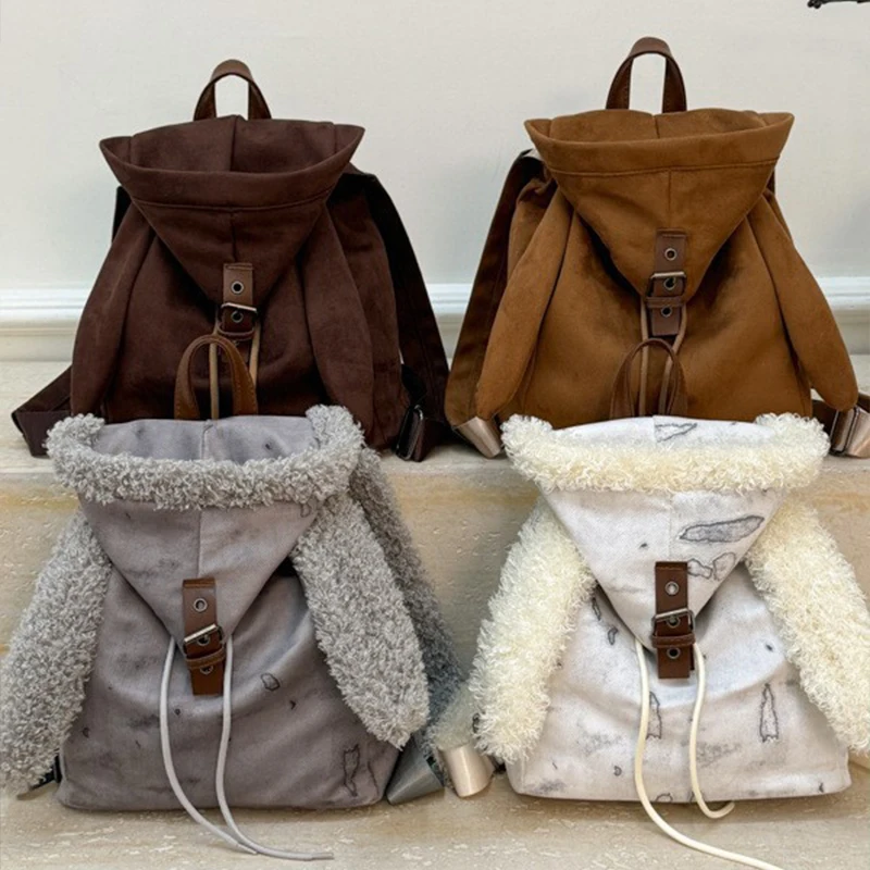 Hasenohr-Rucksack für Damen 2025, süßer Retro-Rucksack mit Kordelzug, einfache, geräumige Tasche für den täglichen Gebrauch im Herbst und Winter