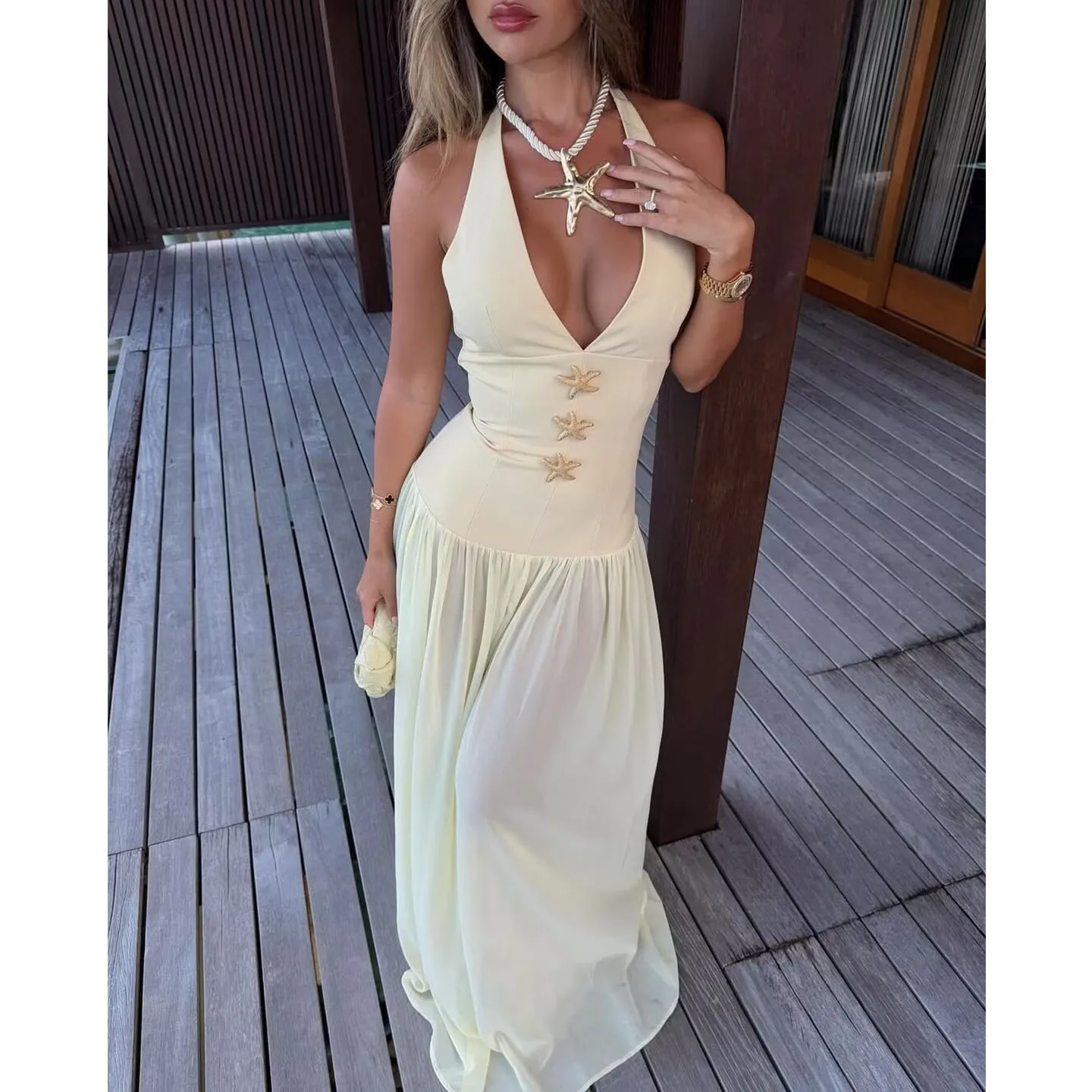 Sommer Damen Vaion Sle Loose Starfi Decorated V-ne Svel High Waist Long Dr Polyester Fiber X-aped Casual