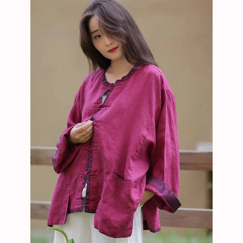 

Spring Arts Style Women O-neck Long Sleeve Double Pockets Loose Jackets Good Quality Cotton Linen Single Breasted Shirt Coat J62